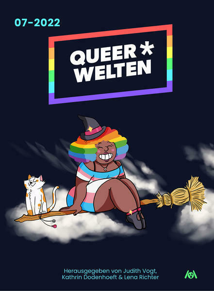 The magazine cover showing a smiling Black witch with rainbow-colored hair and a trans flag dress sitting sideways on a flying broom, an orange and white cat next to her.