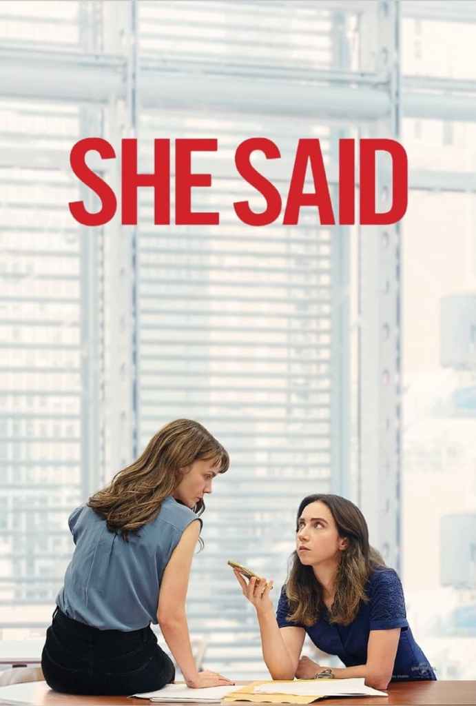 The film poster showing Megan (Carey Mulligan) and Jodi (Zoe Kazan) listening to a phone call together.