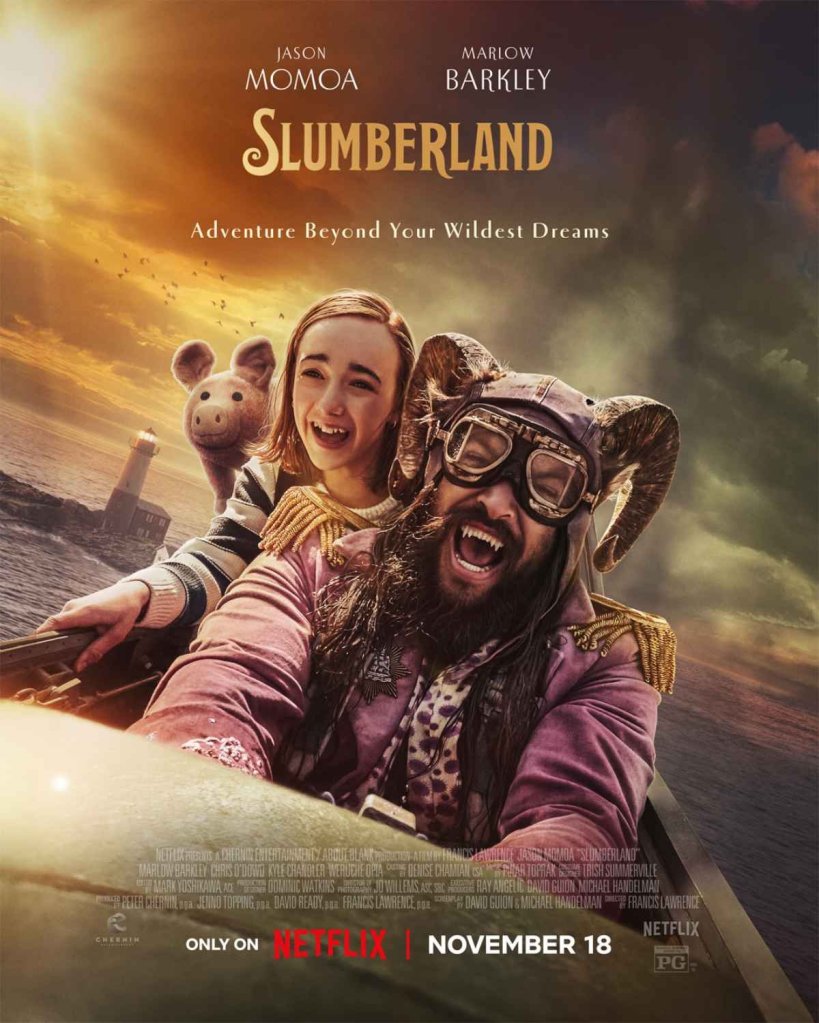 The film poster showing Flip (Jason Momoa), Nemo (Marlow Barkley) and her stuffed pig in a plane over the ocean, a lighthouse behind them.