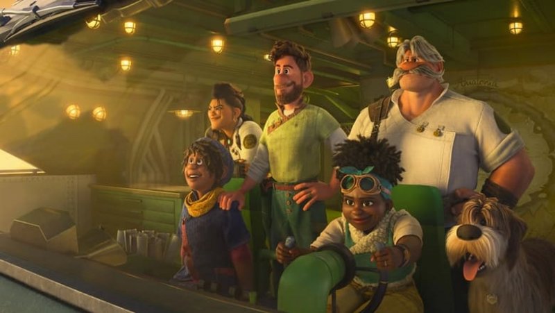 Ethan (Jabouki Young-White) and Meridian (Gabrielle Union) flying the airship with Callisto (Lucy Liu), Searcher (Jake Gyllenhaal) and Jaeger (Dennis Quaid) standing behind them. 
