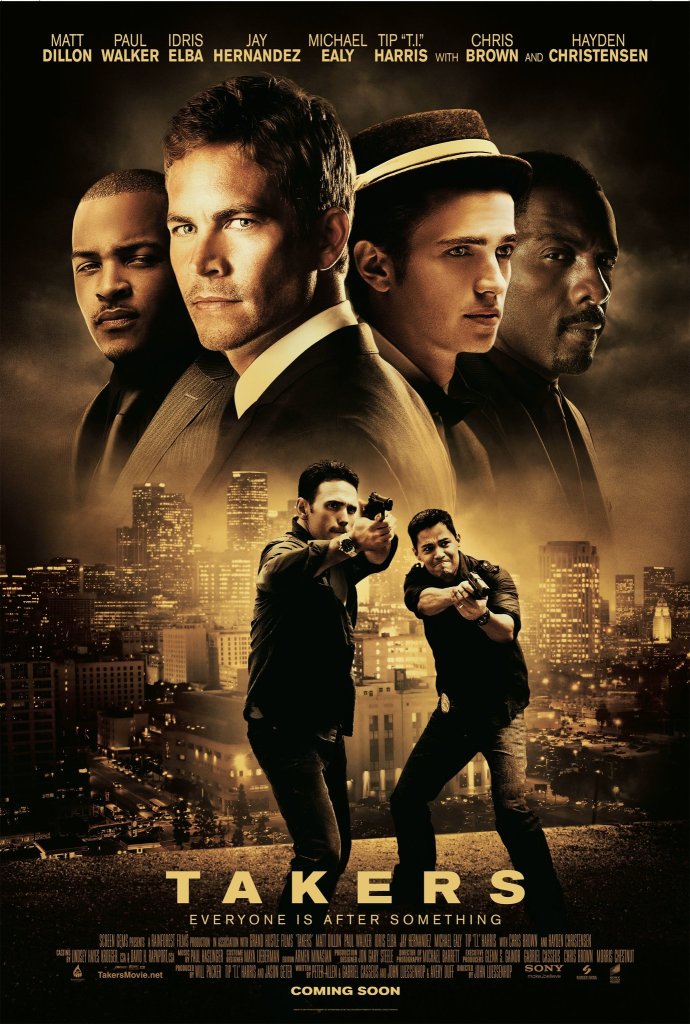 the film poster showing the white guys of the cast front and center. The robbers (T.I., Paul Walker, Hayden Christensen, Idris Elba) are arranged as close-ups over police men (Matt Dillon, Jay Hernandez) aiming their guns.