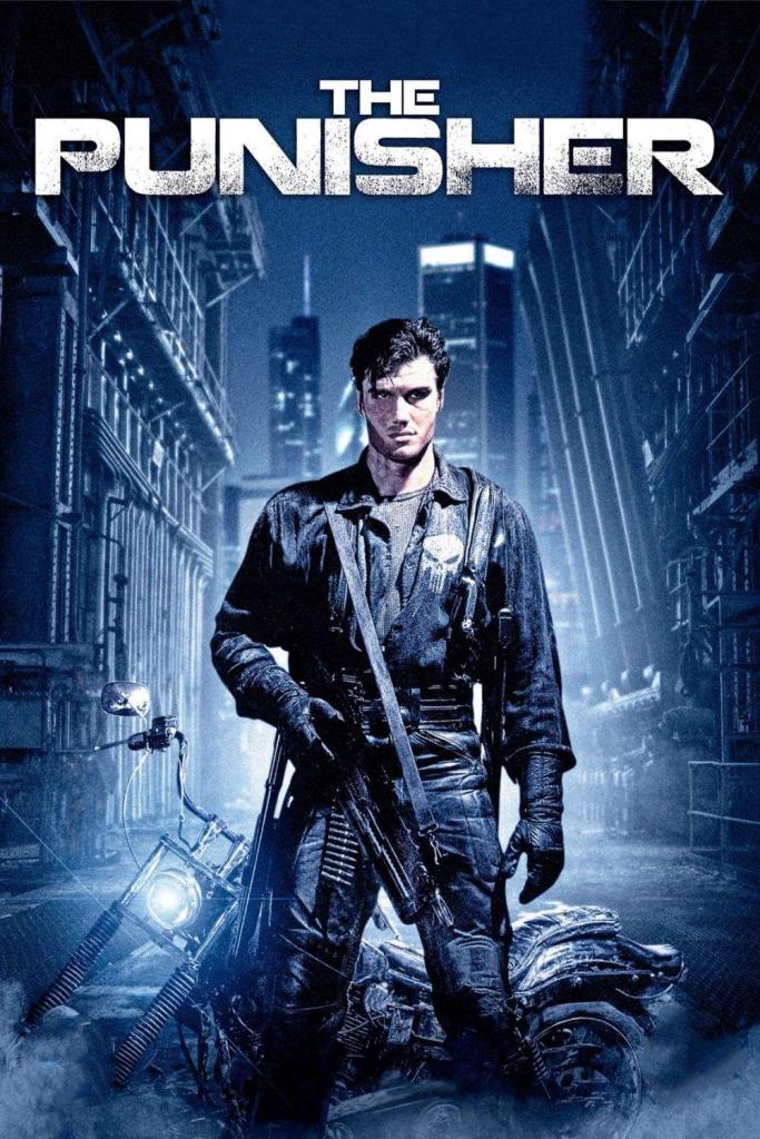 The film poster showing The Punisher (Dolph Lundgren) in a leather outfit with a big gun standing in front of a motorcycle.
