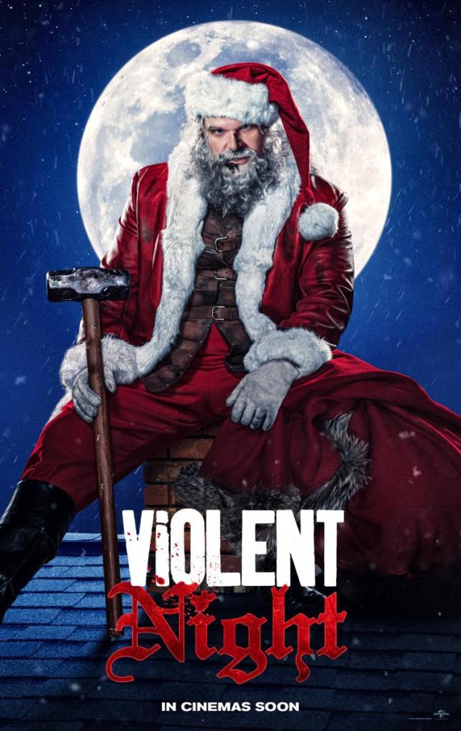 The film poster showing Santa (David Harbour) sitting on chimney with a giant hammer.