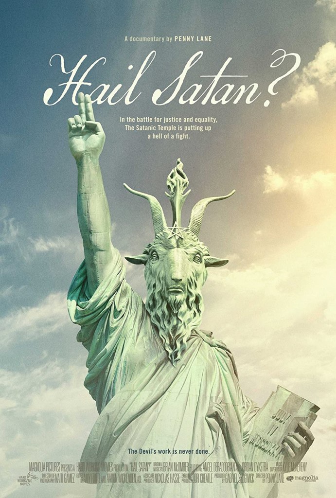 The film poster showing the statue of Lady Liberty with the head of Baphomet, two fingers raised in salute.