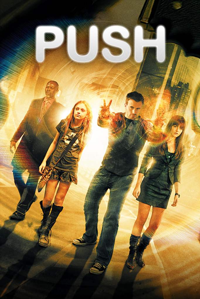The film poster showing Carver (Djimon Hounsou), Cassie (Dakota Fanning), Nick (Chris Evans) and Kira (Camilla Belle) walking next to each other. Nick is pushing his hand outwards, circles of light emanating from them.