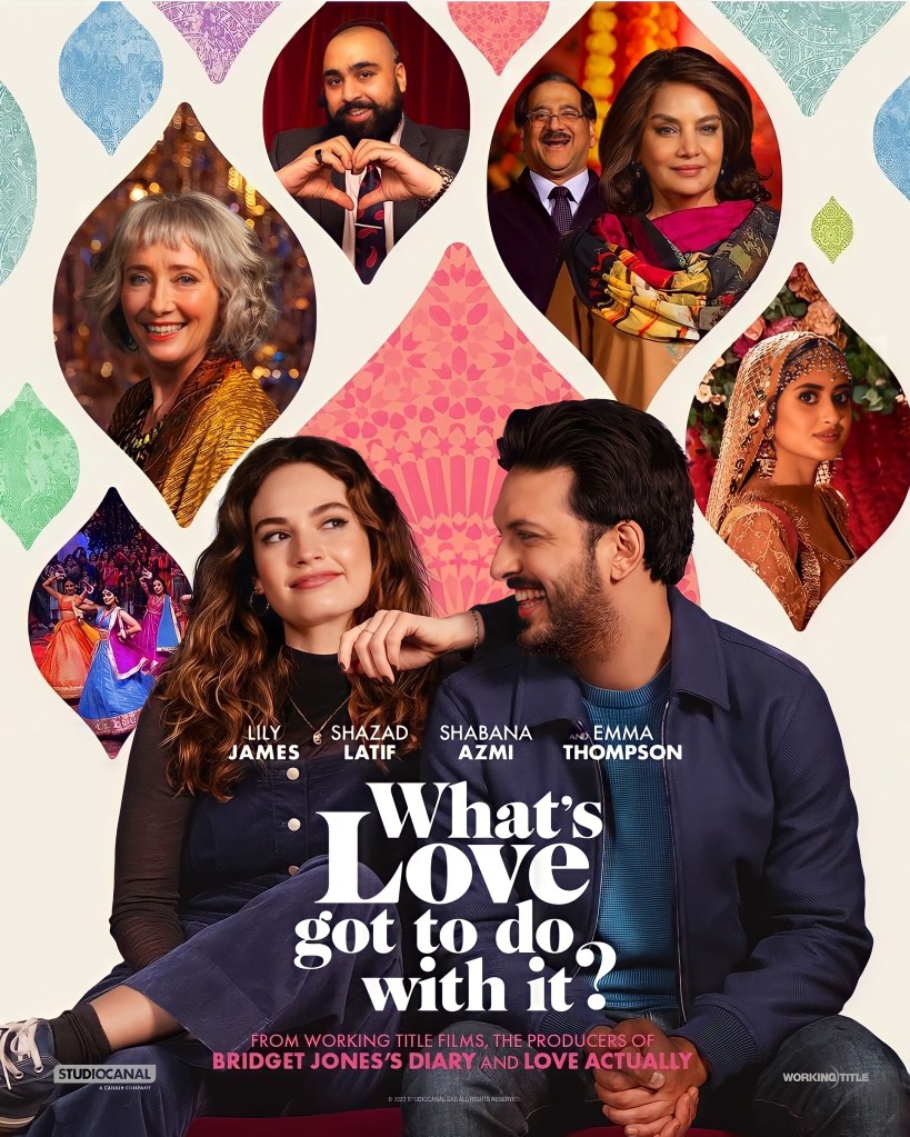 The film poster showing Zoe (Lily James) leaning on Kazim (Shazad Latif) who is smiling at her. Behind them we can see several other characters from the film arrenged in a colorful wallpaper.