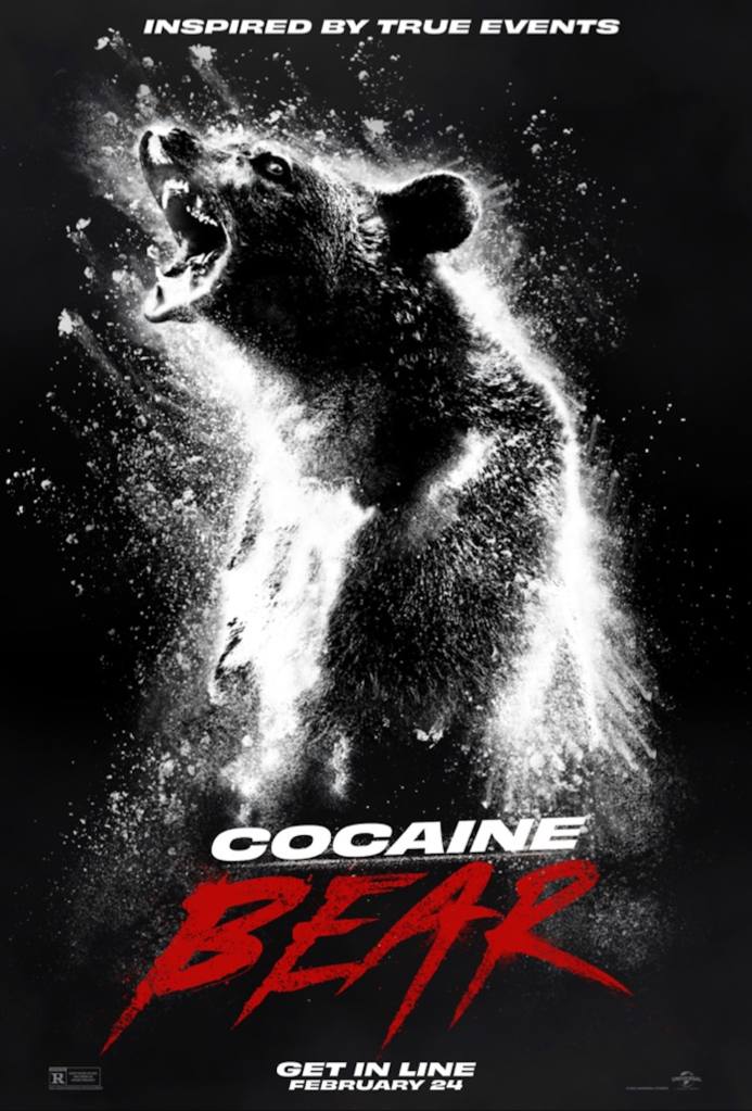 The film poster showing a snarling bear on its hind paws, covered in white powder. 
