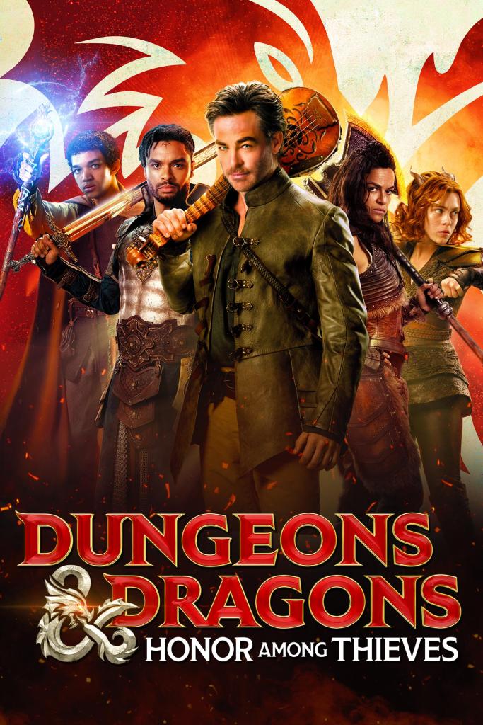 The film poster showing the central team, each carrying a different weapon - sorcerer Simon (Justice Smith), paladin Xenk (Regé-Jean Page), bard Edgin (Chris Pine), barbarian Holga (Michelle Rodriguez) and druid Doric (Sophia Lillis).