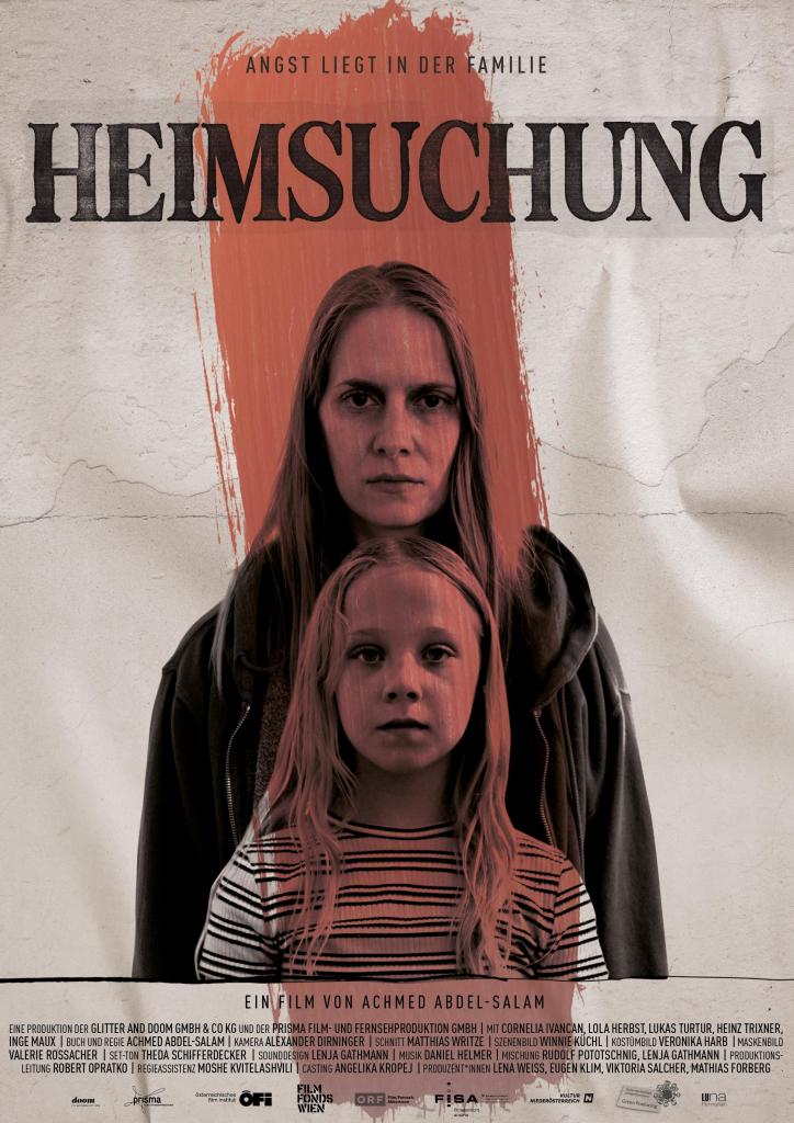 The film poster showing a black and white image of Michi (Cornelia Ivancan) and Hanna (Lola Herbst), with a red stroke of paint over them.