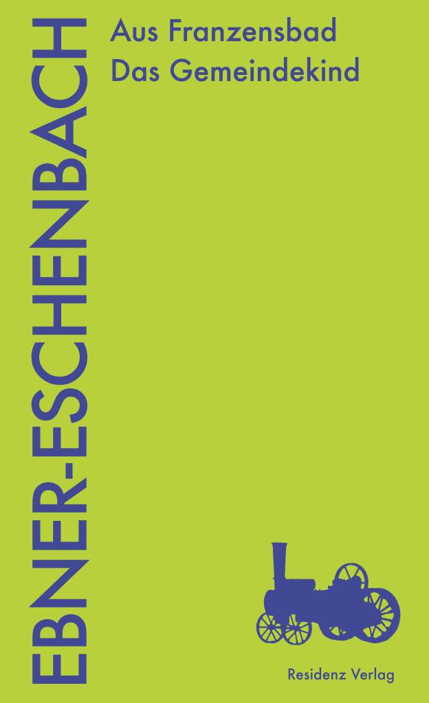 The book cover in lime green with just a small symbol in the corner that looks like a mix of a steam engine and a carriage. 