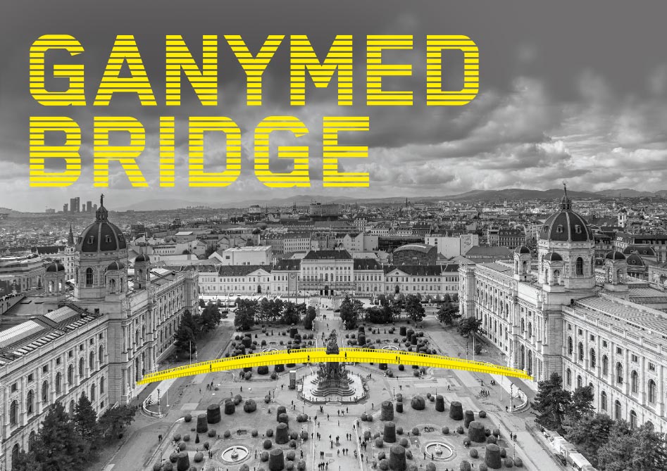 A black-and-white photo of the Museum of Art History and the Museum of Natural History in Vienna. The two buildings face each other. Between them is the graphic of a yellow bridge that connects them.