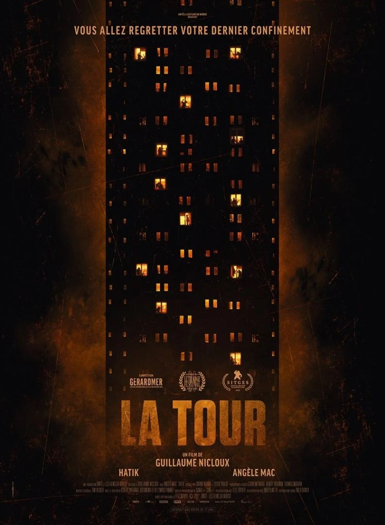 The movie poster showing a high-rise in the dark, with some windows illuminated. Shadowy figures in those windows are engaged in various acts of violence. 