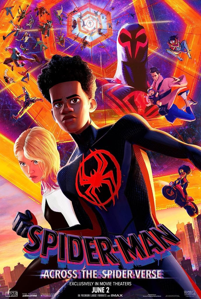 The film poster showing Miles Morales (Shameik Moore) and Gwen Stacy (Hailee Steinfeld) front and center, wtiher many other iterations of Spider-People much smaller behind them.