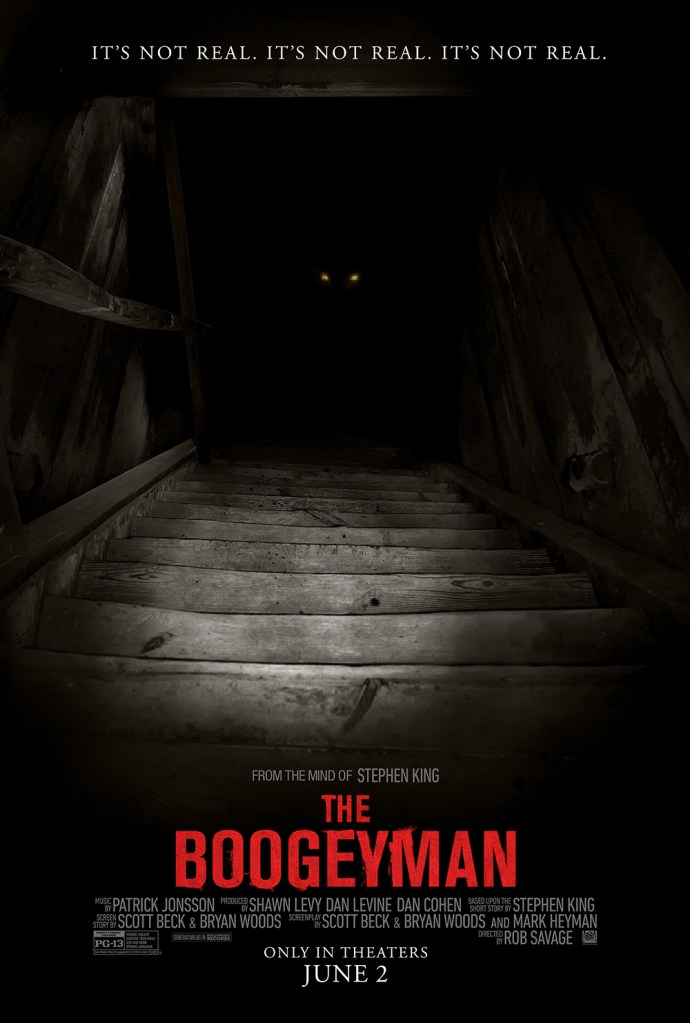 The film poster showing steps leading down into a dark basement with two glowing eyes looking up. 