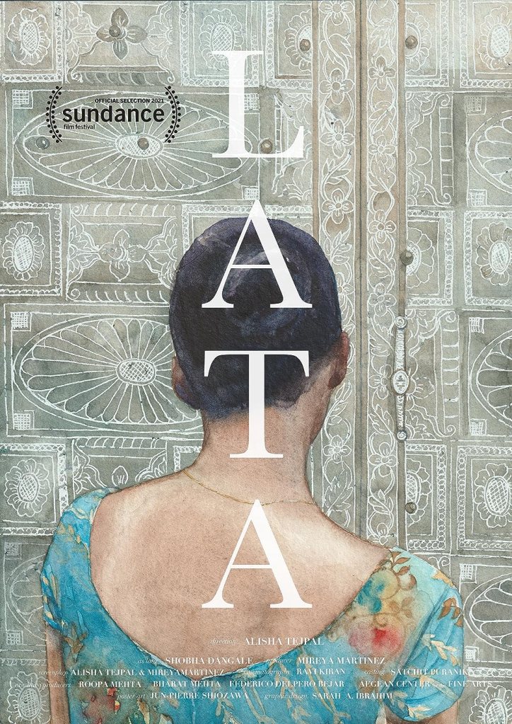 The film poster showing a drawing of Lata (Shobha Dangle) as seen from behind, looking at a tiled wall. 