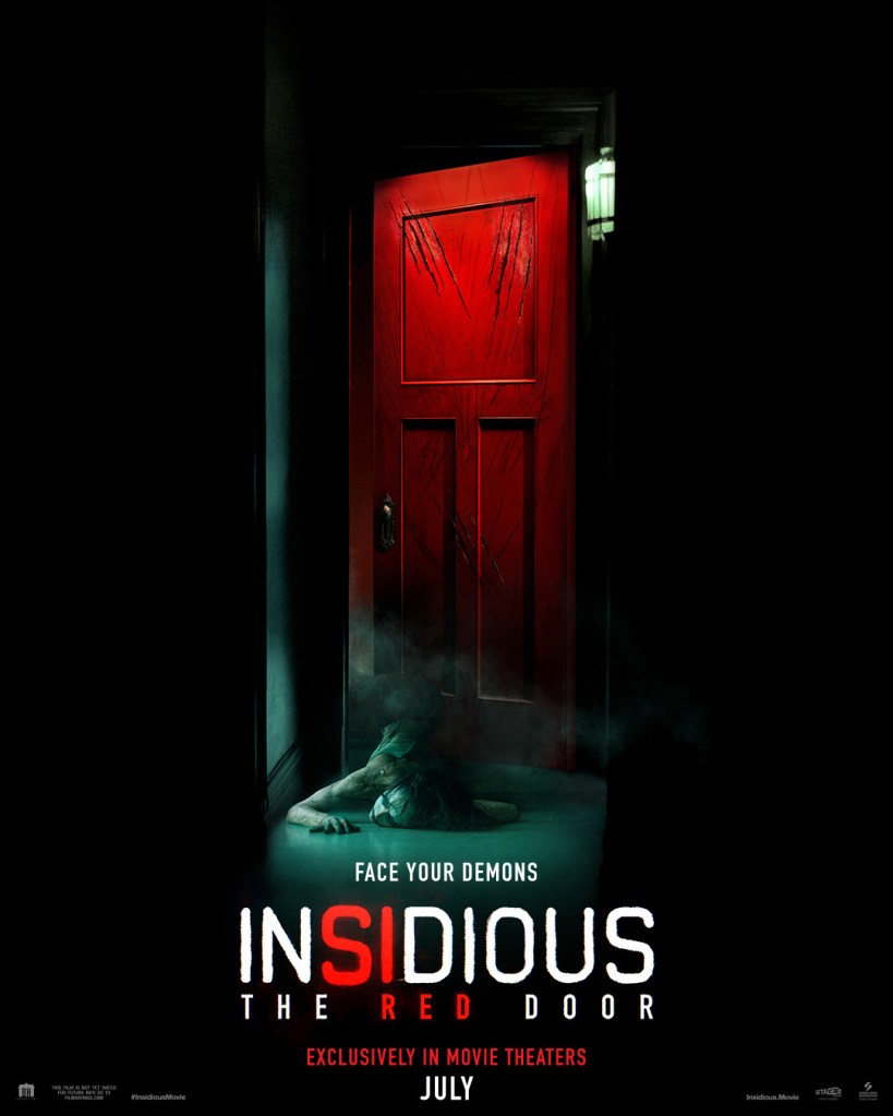 The film poster showing a twisted, demon-like figure crawling out of a scratched red door.