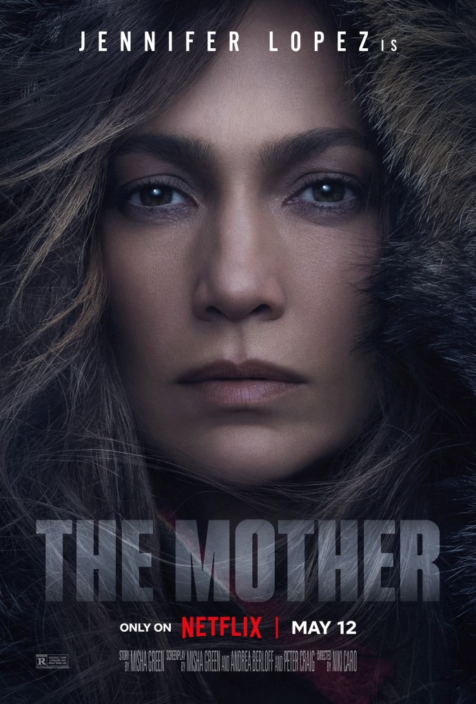 The film poster showing a close-up of The Mother (Jennifer Lopez) with a stern expression.