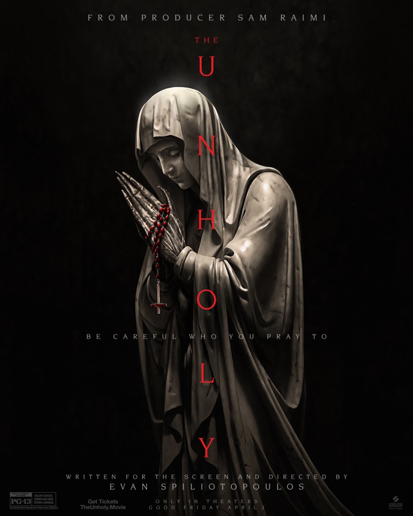 The film poster showing a Virgin Mary statue bent in prayer, but her hands are bony claws and the cross on her rosary is upside down.