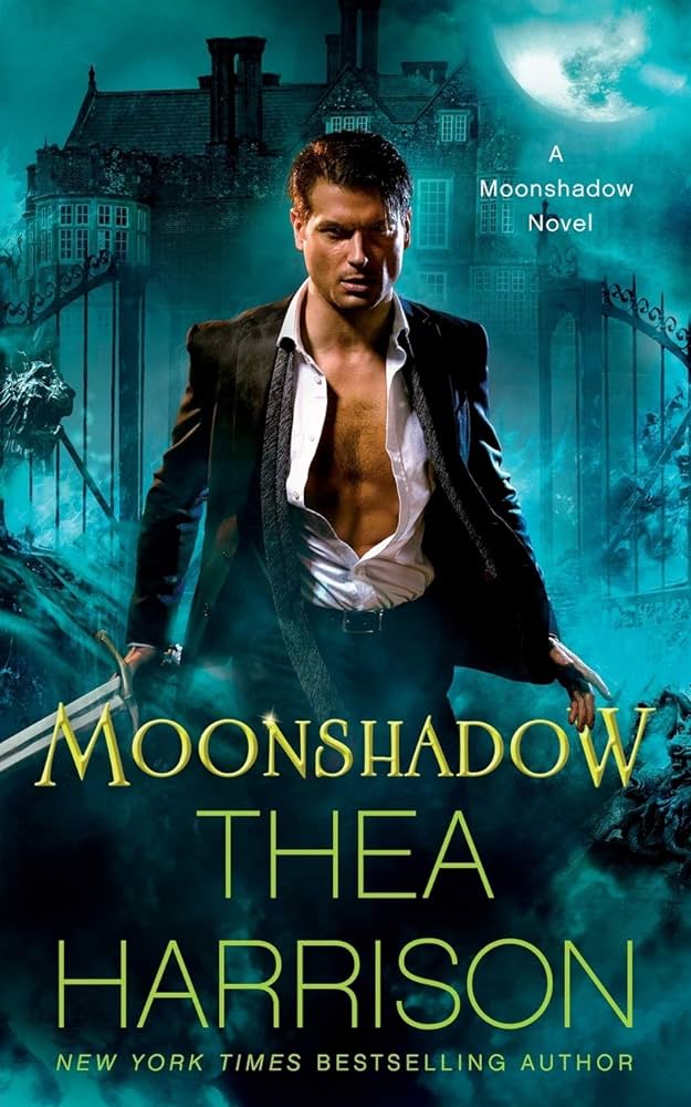 The book cover showing a man in a suit, his shirt unbuttoned to the navel and his shirt undone. He is holding a sword. He is standing in front of a mansion under a full moon. 