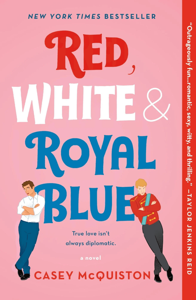 The book cover showing a drawing of two guys leaning against the word "Blue". One is darker and wears jeans and a white shirt, the other is blond and wears a UK royal uniform.