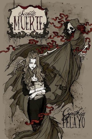 The book cover showing a drawing of a girl holding two books, a skeleton in a black hood floating behind her, trailing red ribbons.