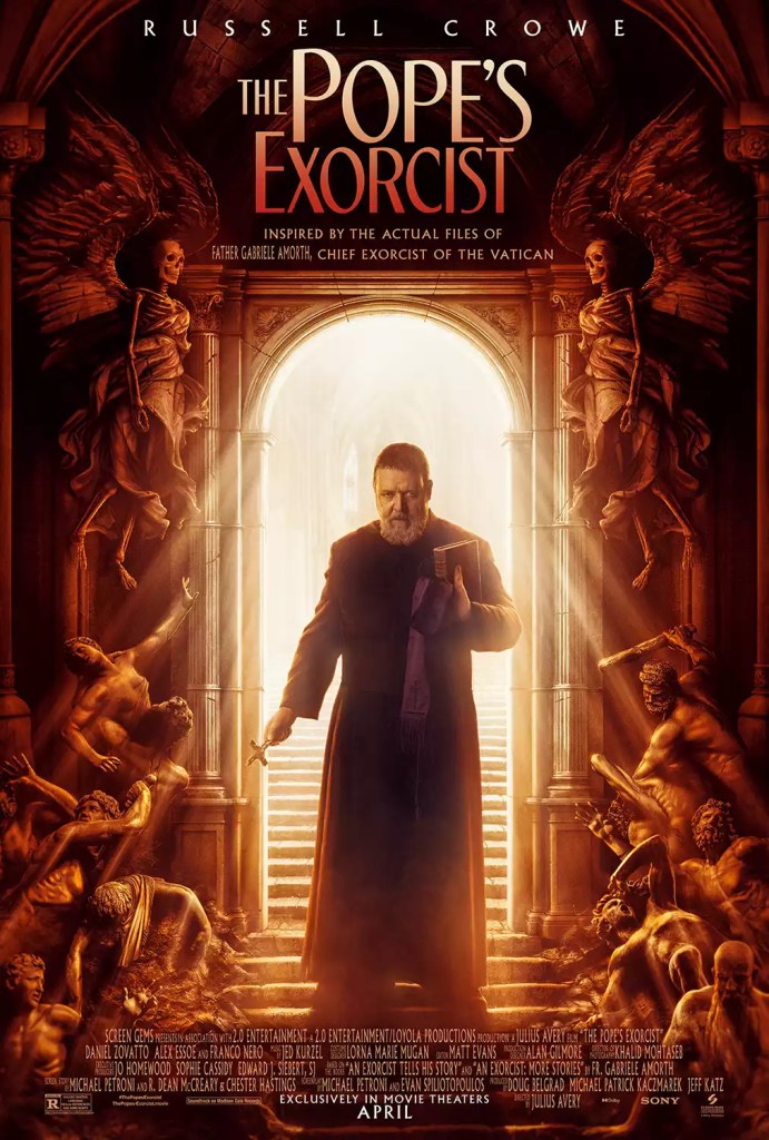 The film poster showing Gabriele Amorth (Russell Crowe) stanading in a doorway lit from behind. Around him are human sculptures in various poses of torment, plus two skeletons with big wings.