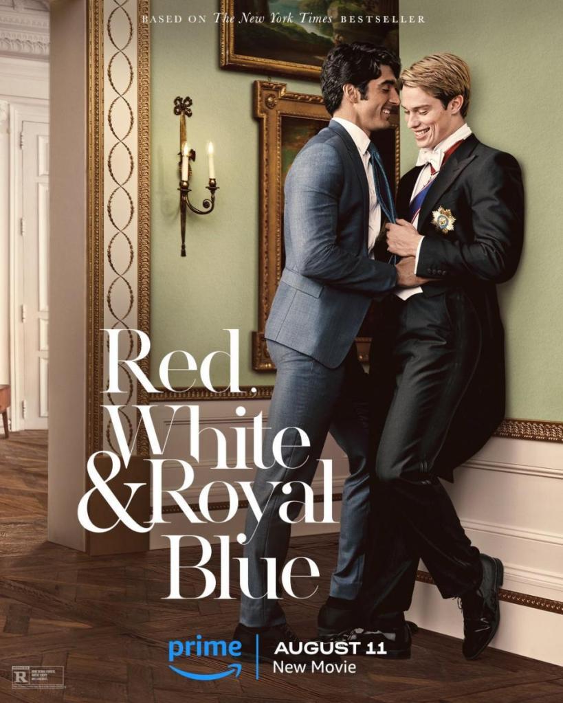 The film poster showing Alex (Taylor Zakhar Perez) playfully and flirtatiously pushing Henry (Nicholas Galitzine) against a wall. 