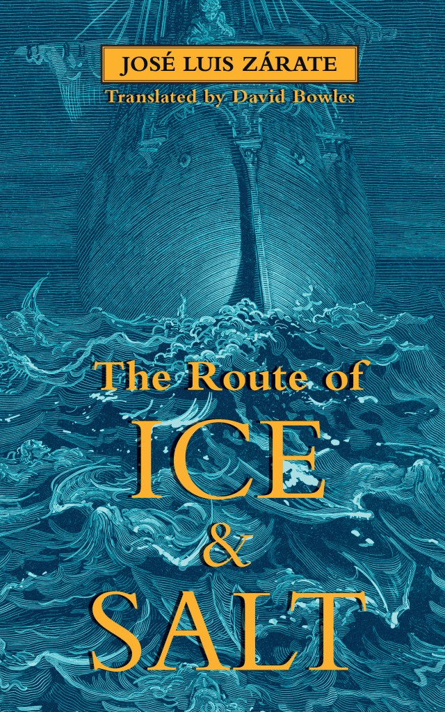 The book cover showing a sail ship at sea, a figure leaning over the ship's railing. Everything is blue, done in the style of an old etching.