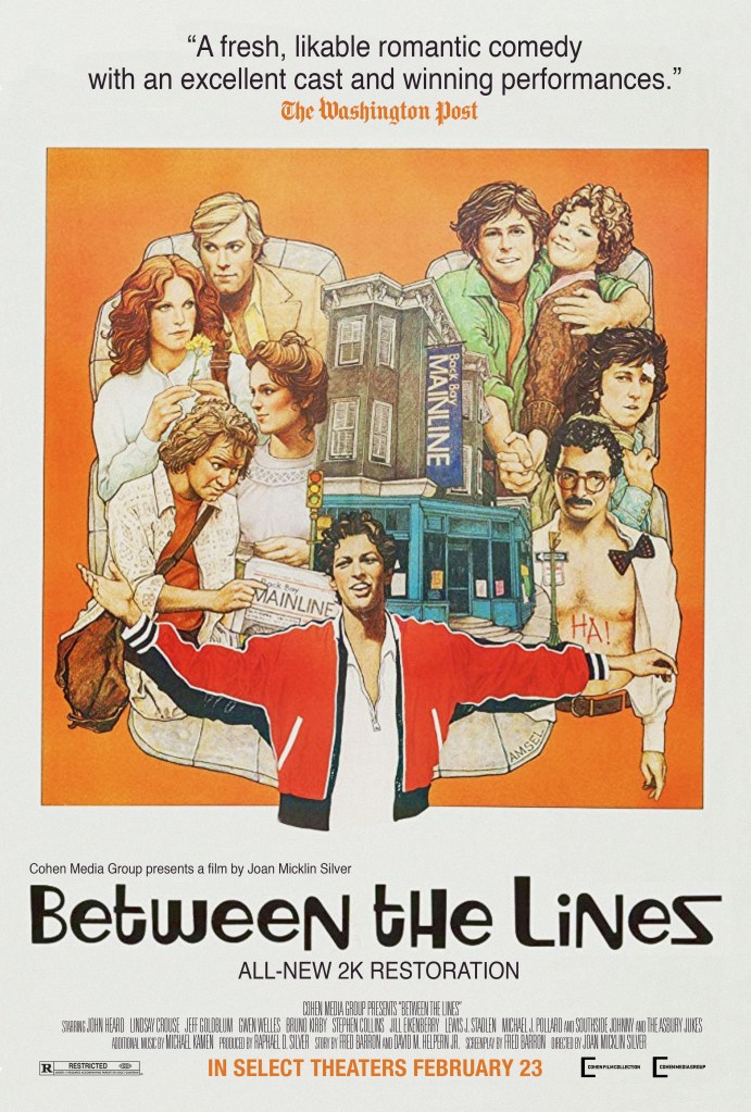 The film poster showing drawings of the characters of the film arranged around the office building.