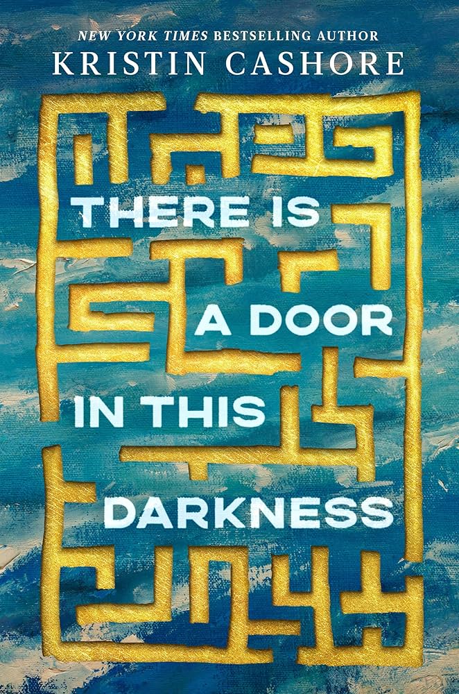 The book cover showing a golden maze with the title in white inside, in front of an oil-painting of the sky or waves.