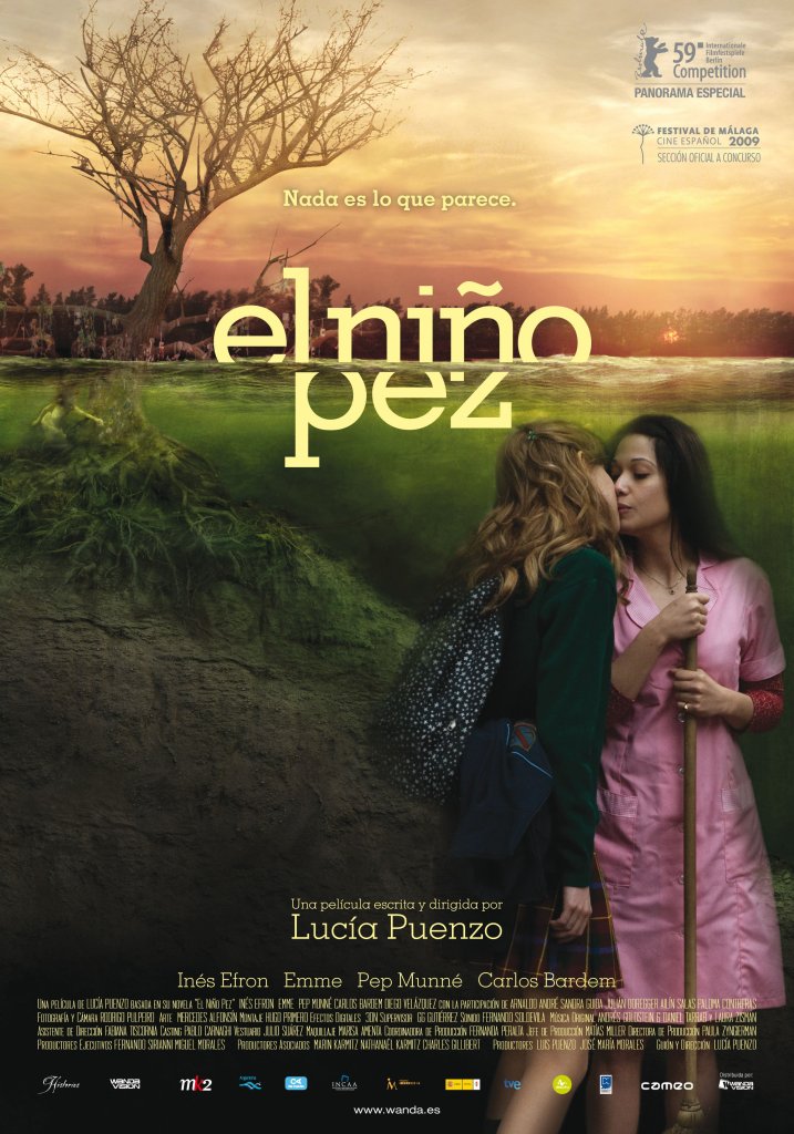 The film poster showing Lala (Inés Efron) and La Guayi (Mariela Vitale) kissing rather chastely on the mouth. Behind them is a tree in a lake with its roots underwater. Near the roots is a human figure.