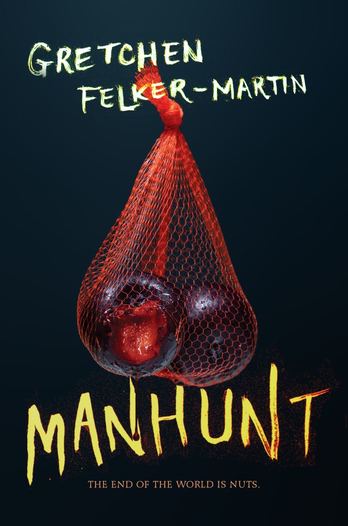 The book cover showing two plums in an orange net, dangling like testes. a bite has been taken out of one of the plums.