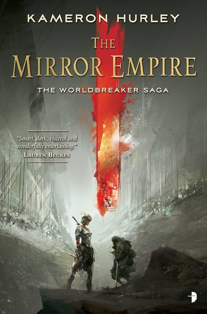 The book cover showing two figures that meet on a gray battlefield, one a tall woman in armor, the other smaller, also wearing armor and of indeterminate gender. There is a red opening in the sky above them.