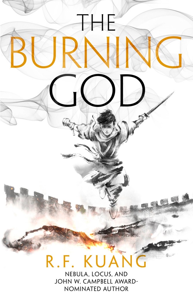 The book cover showing an ink-drawing of a person with a sword jumping over a burning wall.