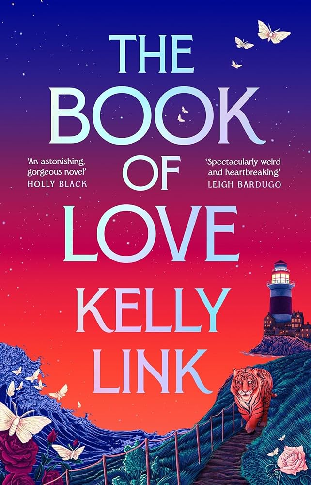 The book cover showing a drawing of a tiger walking down a path in the dunes, away from a lighthouse. The majority of the image is taken up by the night sky in purple, pink and orange and full of stars. Butterflies are floating over the sea and a couple of roses.
