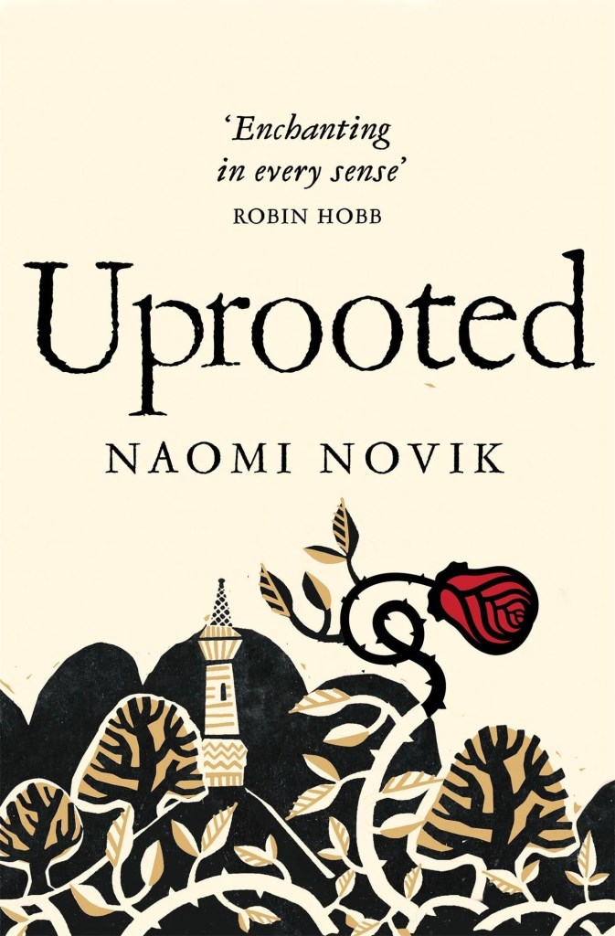The book cover showing a red rose on a thorny branch, a few trees and a tower in the distance. Everything is styled to look like a linoleum print.