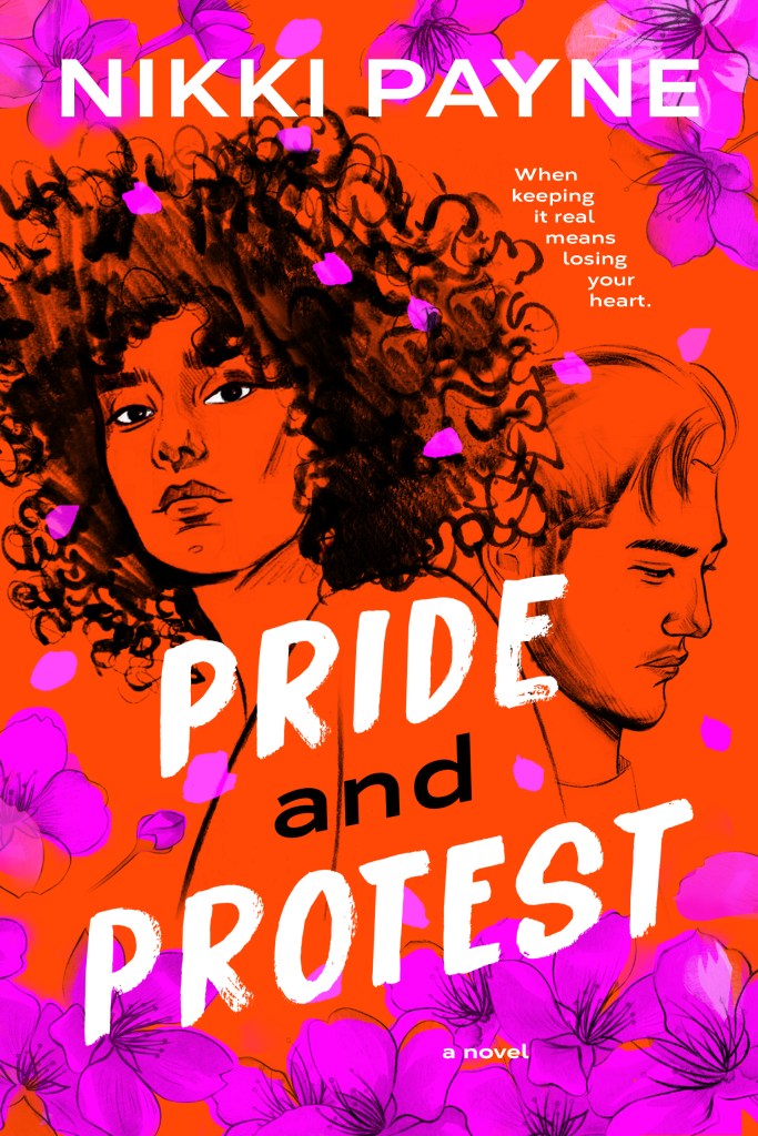 The book cover showing charcoal sketches of a Black woman with big hair and a South-Asian man on a red background with pink flowers.