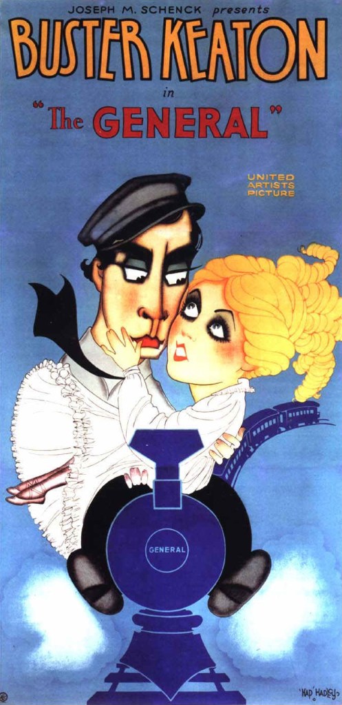 The film poster showing a painting of Johnnie (Buster Keaton) holding Annabelle Lee (Marion Mack) in his arms while riding a train like a horse.