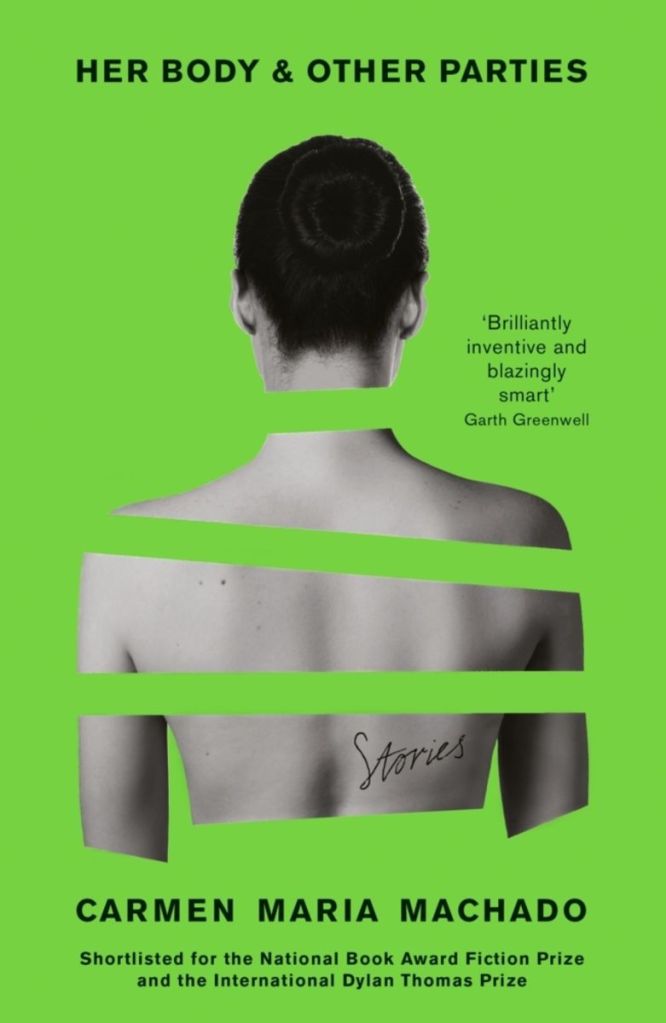 The bookc cover showing a black and white image of a woman's back and head on a neon green background. The body is divided into four parts.