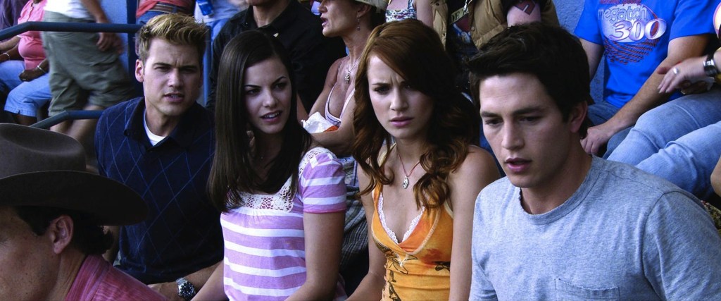 Hunt (Nick Zano), Janet (Haley Webb), Lori (Shantel VanSanten) and Nick (Bobby Campo) watching the race.