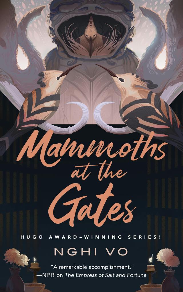 The book cover showing three hoopoe birds, one in a nest that is in the mouth of a monkey statue, and two perched on the tusks of two mammoths that face each other.