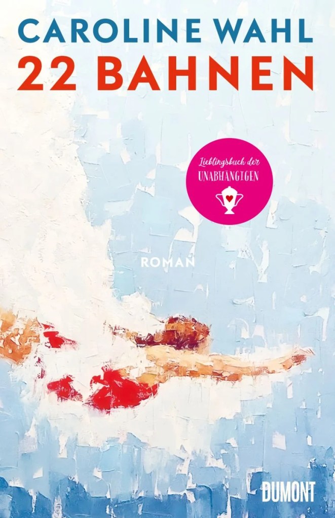 The book cover showing a painting of a woman in a red bathing suit diving underwater. 