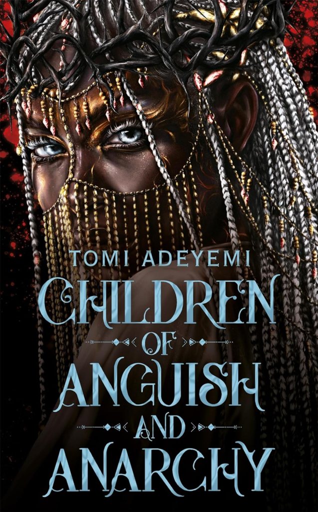 The book cover showing a Black girl with light blue eyes and white tresses wearing an elaborate crown and face scarf made of pearls.