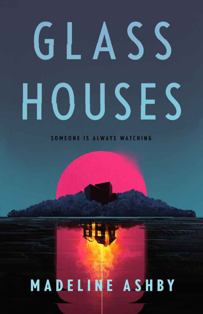 The book cover showing an island with a black modernist mansion in the sunset. In the reflection on the water, the mansion is burning.