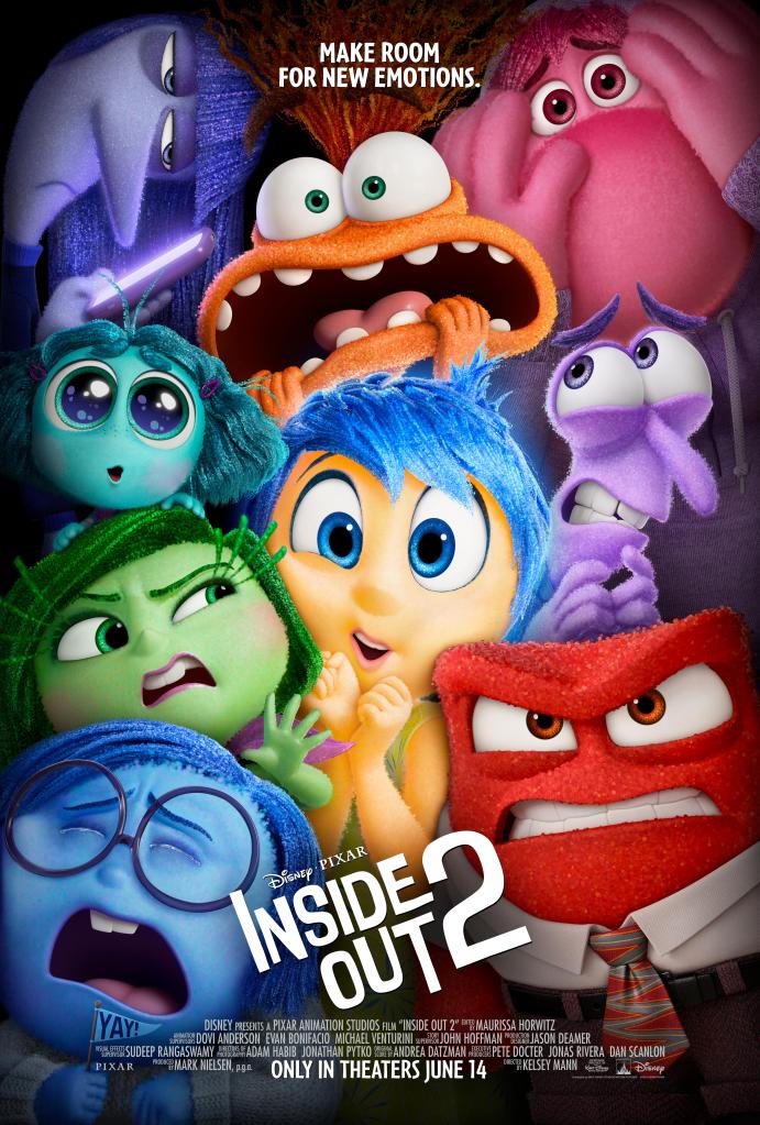 The film poster showing Riley's emotions, old and new, all squished together, with Joy and Anxiety taking the center.