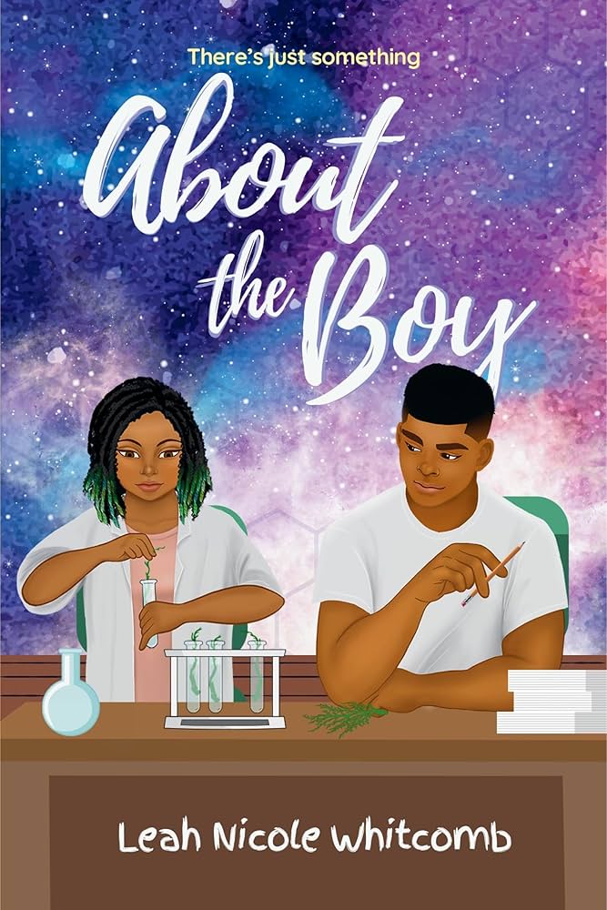 The book cover showing a drawing of two Black teenagers, a boy and a girl, doing a biology experiment in front of a galaxy background.
