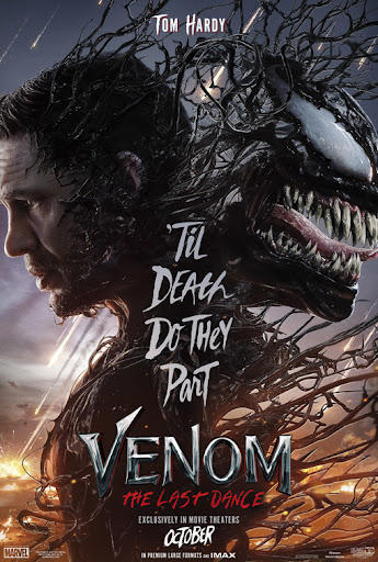 The movie poster showing Eddie (Tom Hardy) and Venom back to back, so to say, both emerging from the same chest, black tendrils connecting them.
