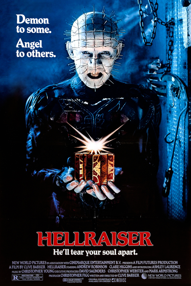The movie poster showing the lead Cenobite, aka Pinhead (Doug Bradley) holding the puzzle box that emits a star-shaped light.