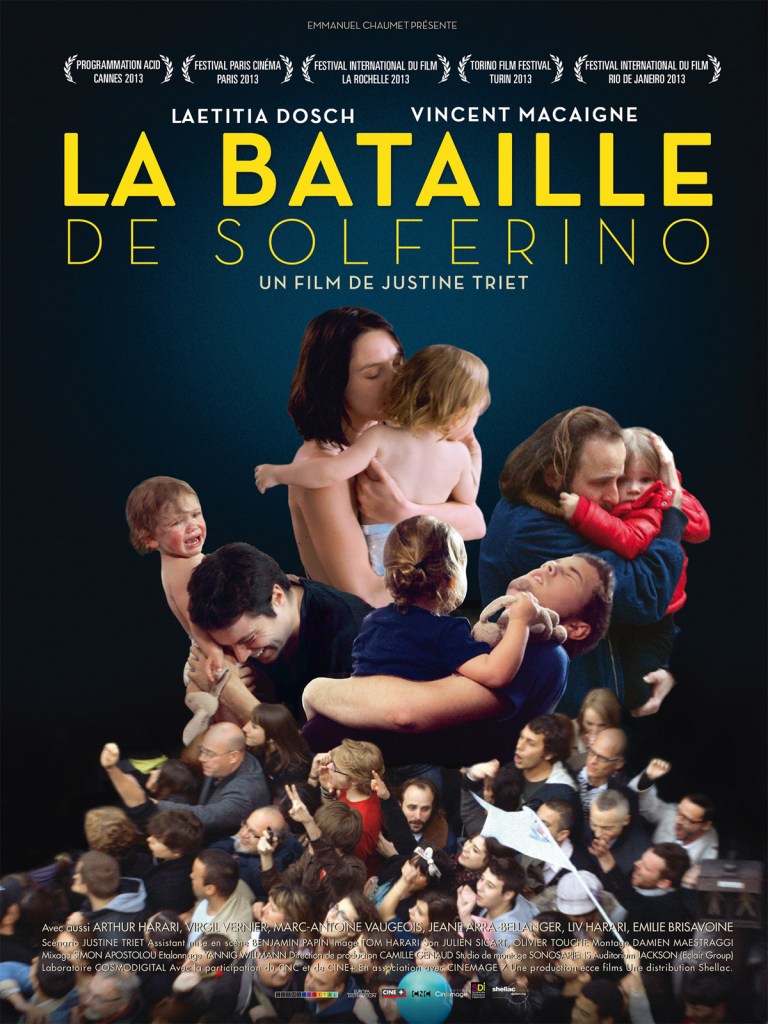 The movie poster showing four different adults as cut-outs with a child each arranged atop a crowd of protesters.