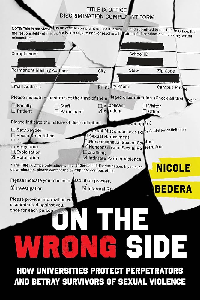 The book cover showing a torn up and taped back together Title IX discrimination complaint form.